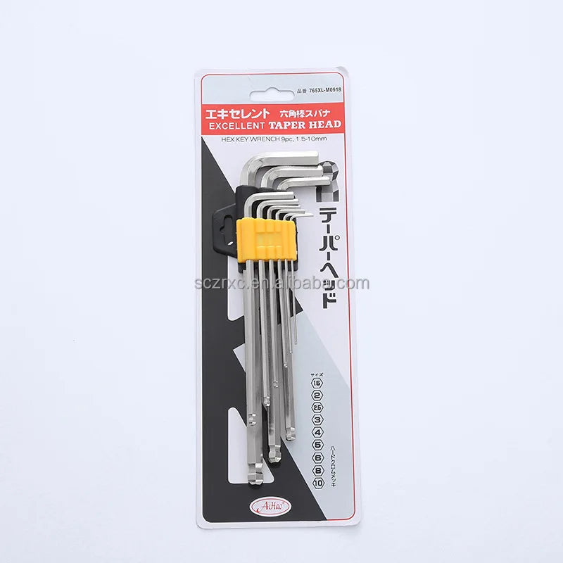 9pcs Extreme Long Metric Nickel Plated Hex Key Set 1.5mm~10mm Ball End Spanner DIY Grade OEM Customizable in Blister Card