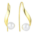 Elegant 925 Sterling Silver Trendy Geometric Curved Design Gold Plated Drop Earrings with White Pearl Pendants for Party
