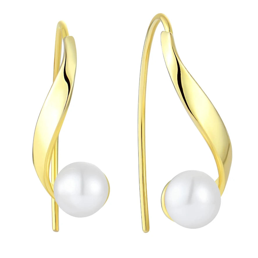 Elegant 925 Sterling Silver Trendy Geometric Curved Design Gold Plated Drop Earrings with White Pearl Pendants for Party
