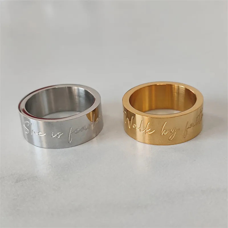Custom Motive She Is Fearless Deep Engraved 8mm Band Ring Silver Gold Plated Waterproof Stainless Steel Ring Women Men Jewelry
