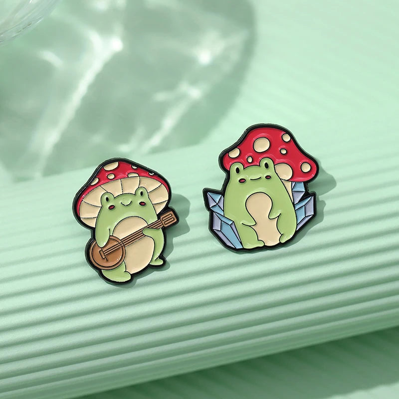 Mushroom Frog Cartoon Enamel Pin Cute Animal Froggy Lapel Pin Brooch Backpack Jewelry Pin Clothes Collar Badge for Friends Gift