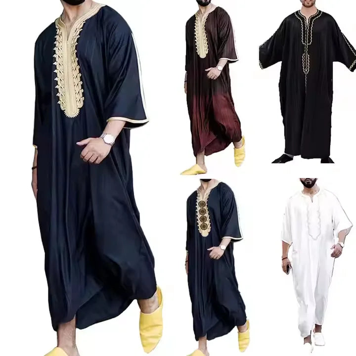 Men's Luxury Alaseel Thobe Short Saudi Jalabiya Oman Arabic Style Kurta Shirts Casual Short for Men