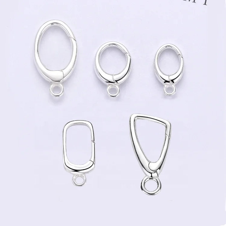 925 Sterling Silver Square Triangle Oval Lock With Bottom Loop Ring Bail Spring Pendant Necklace Clasp for Jewellery Making