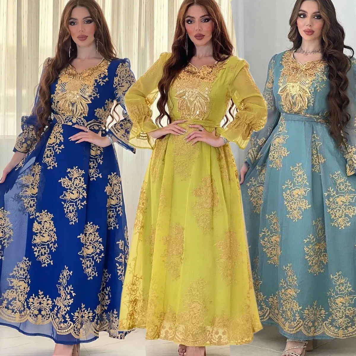 2024 Modest Dubai Abaya Luxury Golden Embroidery Elegant Long Sleeve Solid Dress Party Banquet Robe Femme SY0179