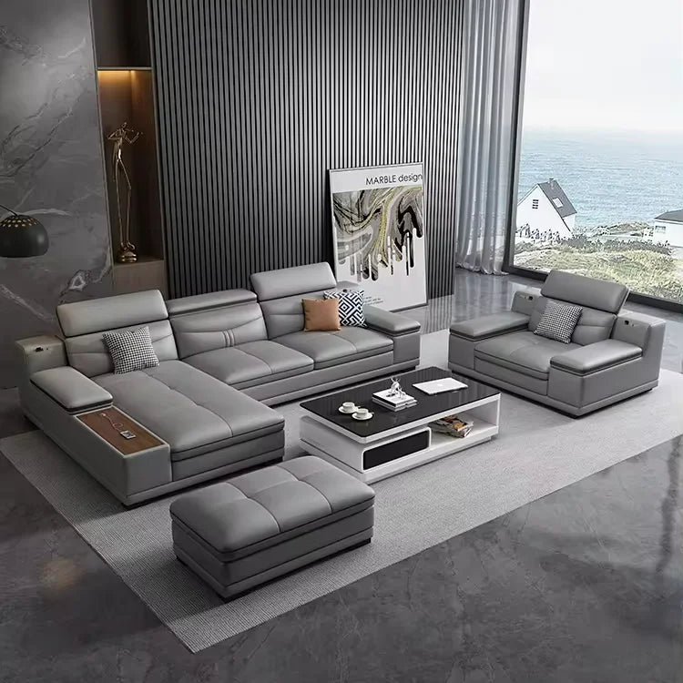 Microfiber Leather L-Shape Sofa Set Solid Wood Frame Luxury Nordic for Villa Bluetooth Speaker Included-China Luxury Living Room