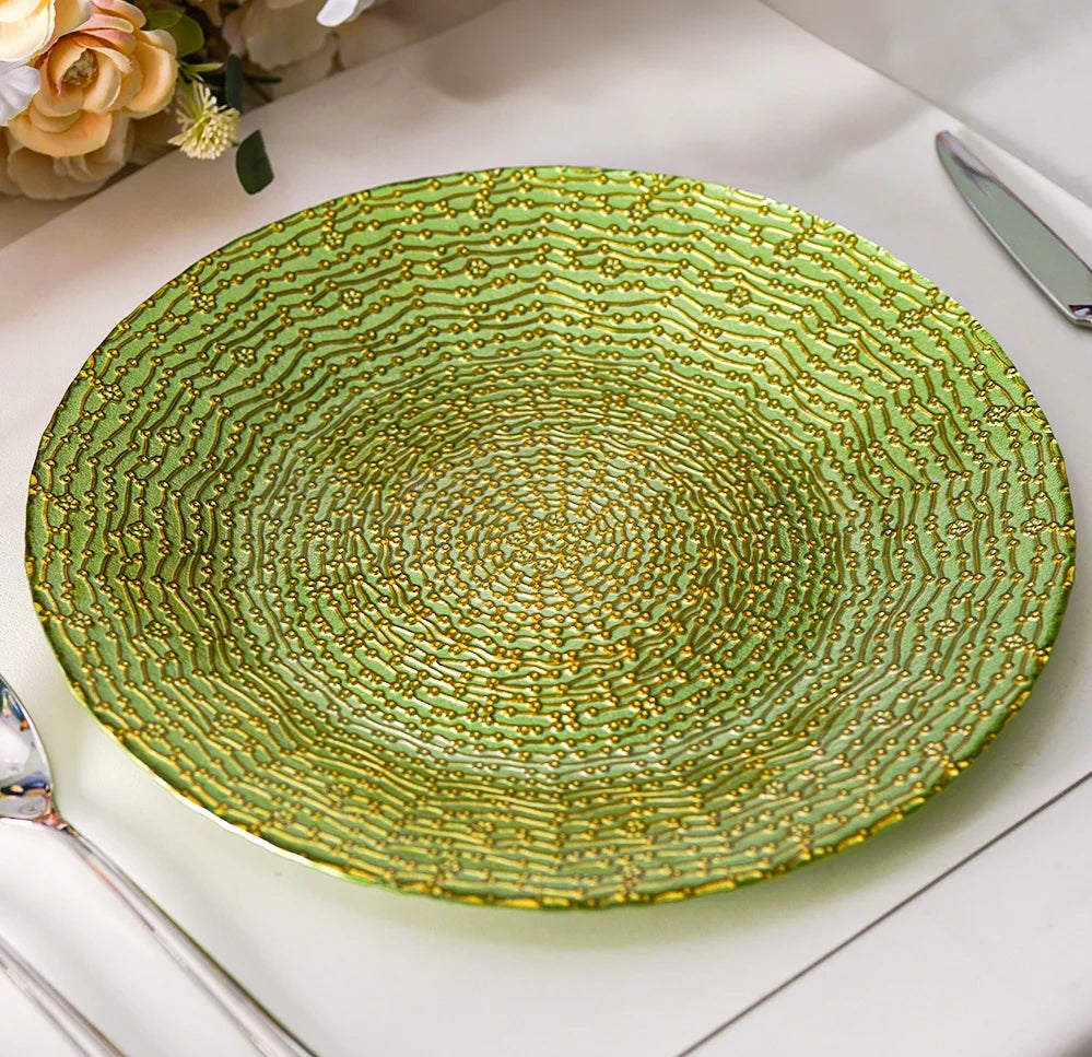 Green Gold Textured Glass Plate Decorative Charger Plate for Wedding Banquet Table Display Home Decoration