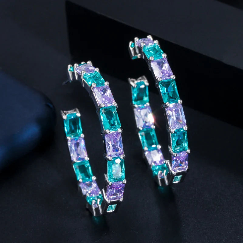 Luxury Designer Brazilian Big Circle Round Blue CZ Crystal Hoop Earrings Jewelry for Women