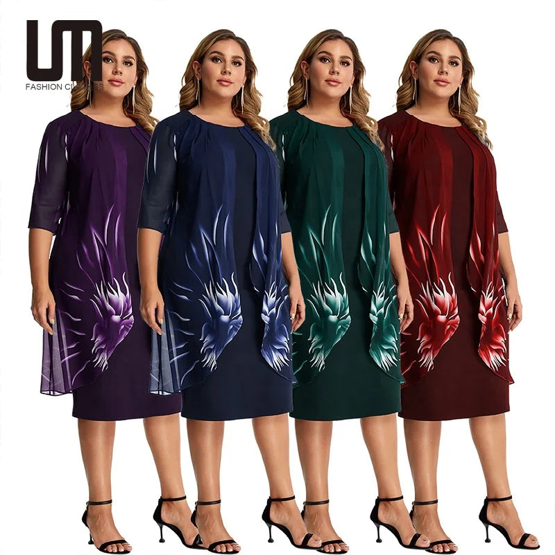 Liu Ming Vintage Elegant Women Casual Short Sleeve Ruffles Plus Sizes Lace Blouse Printed Party Midi Dresses
