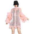 TWOTWINSTYLE Stand Collar Long Sleeve Patchwork Lapel Ruffle Cuff Thin Solid Blouse