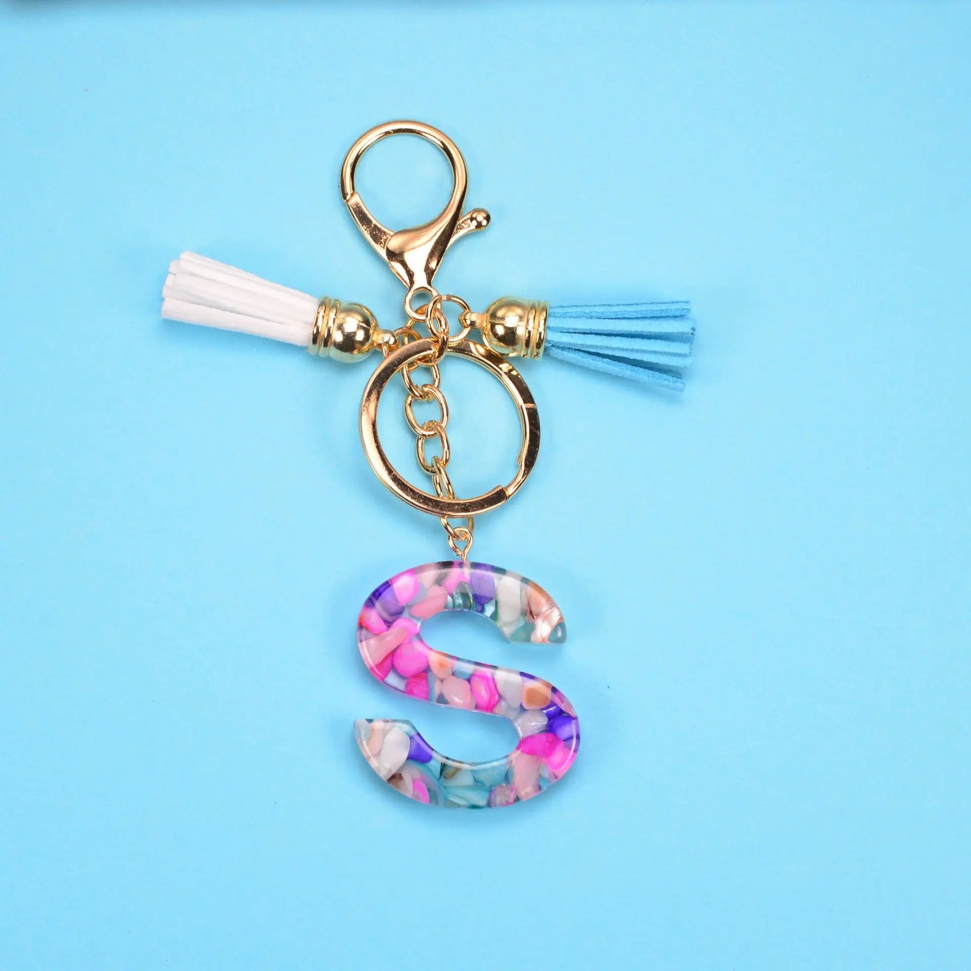 Initial Letter Keychain Epoxy Mixed Color Stone Letter Keyring Cute Women's Bag Car Key Pendant Accessories