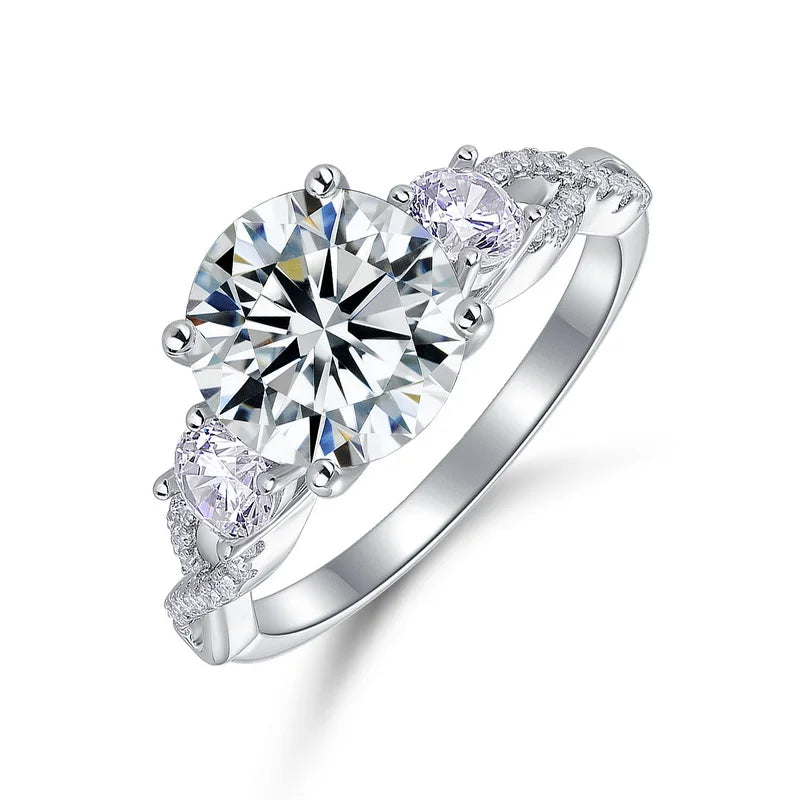 Sterling Silver Round Brilliant Cut Moissanite Engagement Ring Three Stone Pear Twist Pavé Shank Romantic Bridal Wedding Ring MegaBDM