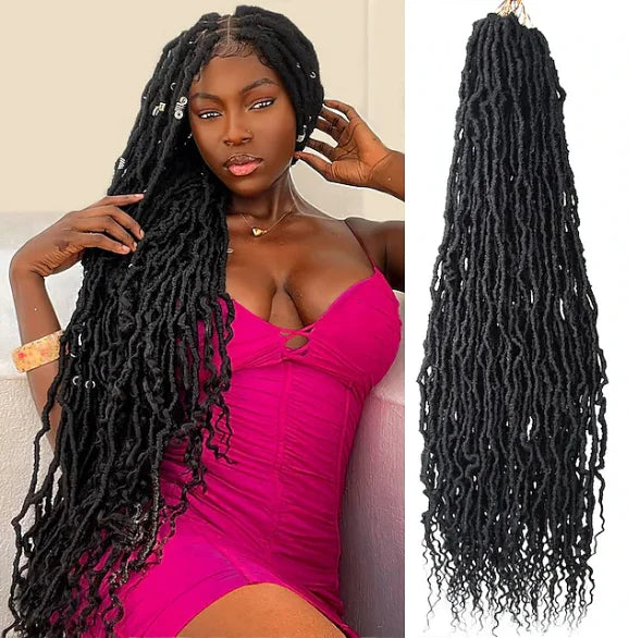 Synthetic 30-Inch New Faux Locs with Curly End 6-Packs Soft Locs Crochet Hair Long Natural Black Crochet Braids Hair Extensions