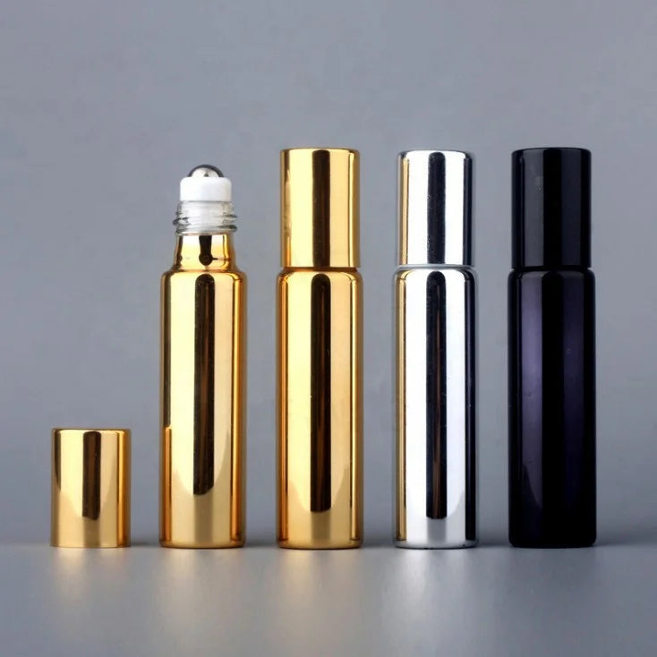 10ml Gold Silver Black Color UV Printing Luxury Glass Essential Oil Perfume Roll on Bottle With Stainless Steel Roller Ball