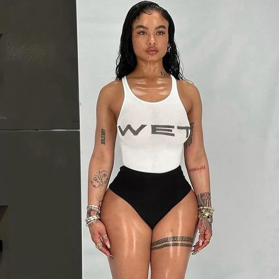 Kliou K24K47825 Women Top Letter White Sleeveless Bodysuit Summer Bodysuit