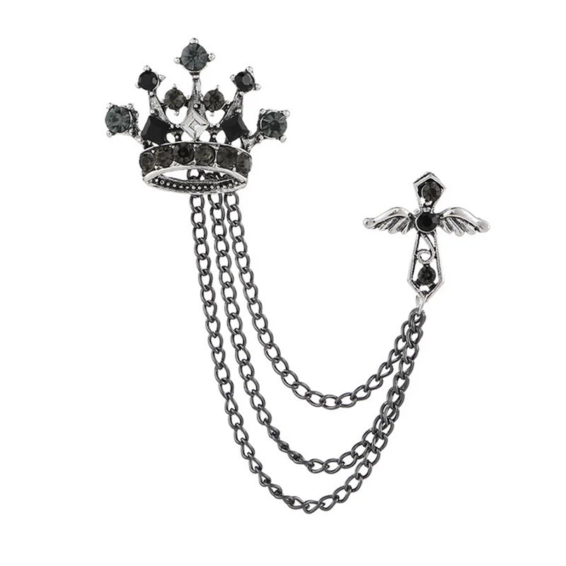 New Korean Jewelry Wild Cross Brooch Badge Women Suit Tassel Chain Men Crown Brooch Crystal Rhinestones Beaded Lapel Pin Brooch