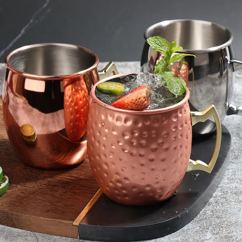 Metal Copper Moscow Mule Mug Stainless Steel Beer Wine Cocktail Coffee Mugs Drinkware Hammered Anti-fall Glass Cup with Handle