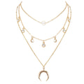 Stainless Steel Geometric Moon Pendant Necklace with Multi Layer Vintage Zircon Jewelry Accessories for Women