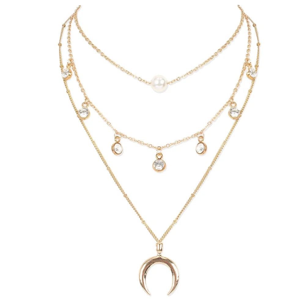Stainless Steel Geometric Moon Pendant Necklace with Multi Layer Vintage Zircon Jewelry Accessories for Women