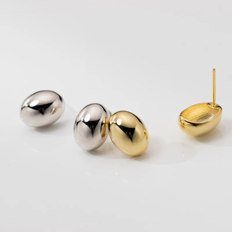 925 Sterling Silver Glossy Oval Round Bean Shape Stud Earrings for Women Fine Jewelry