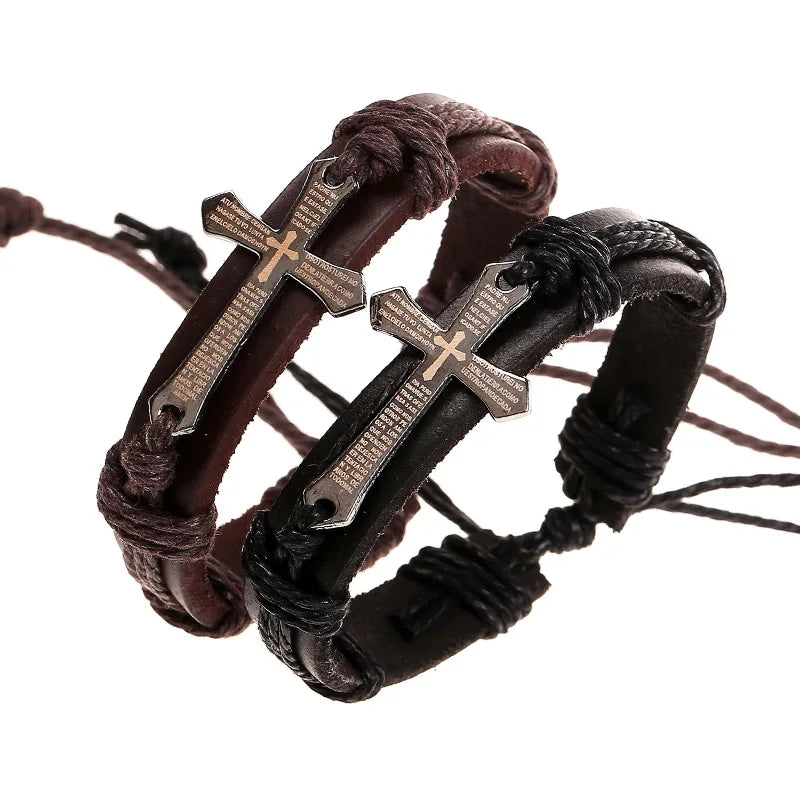 Christian Gift Punk Handmade Adjustable Vintage Brown Black Leather Charm Cross Mens Bracelet Jewelry
