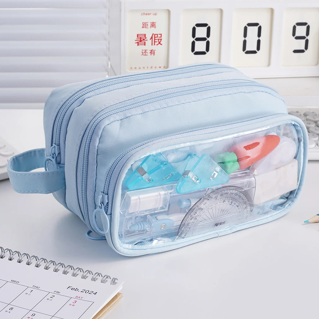 Large Capacity Customized Clear Pencil Case 3 Layers Custom School Pencil Bags for Girls