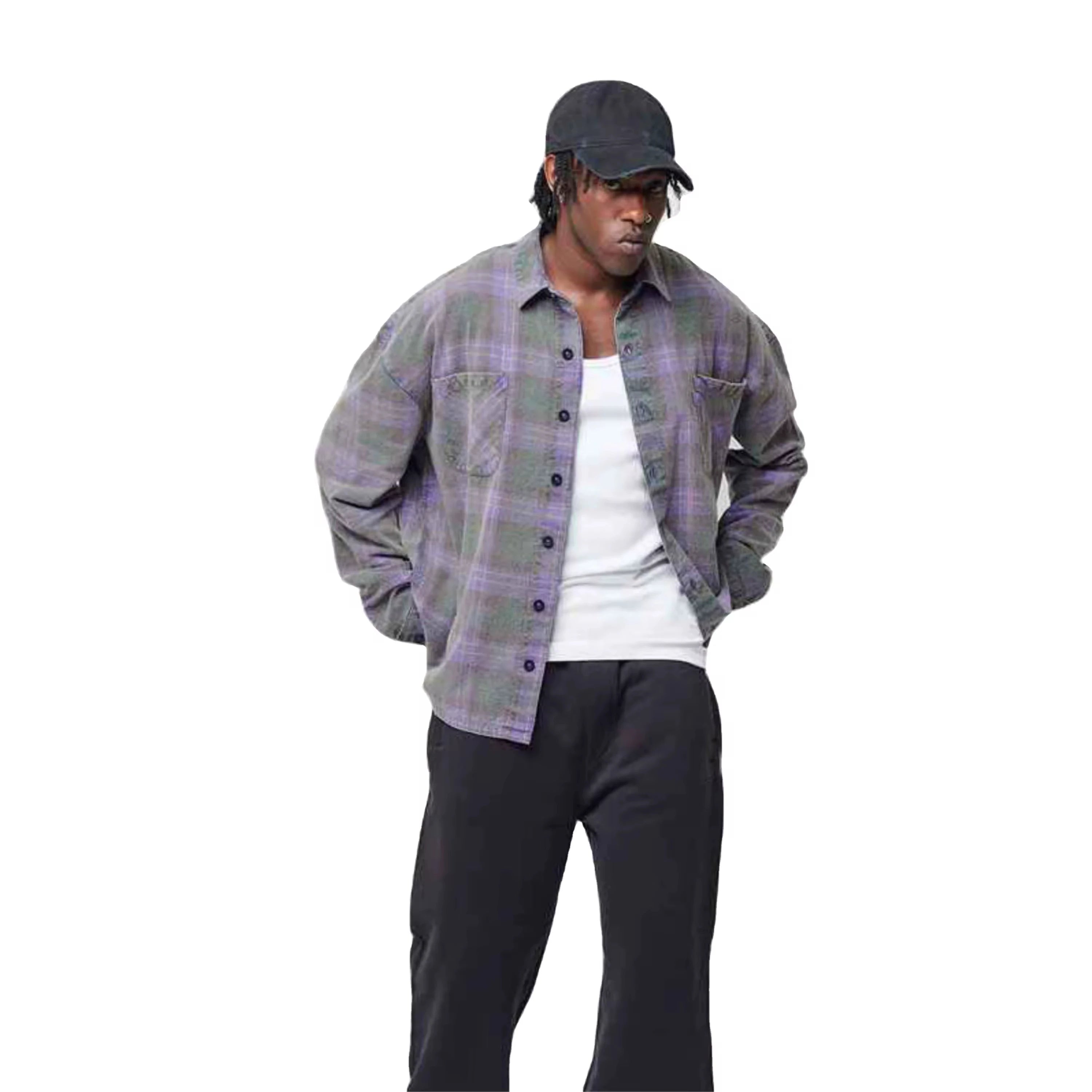 Plaid Flannel Shirt Regular Fit Casual Long Sleeve  Men's Checked Shirtswith Mandarin Collar Anti-Wrinkle Spring Autumn