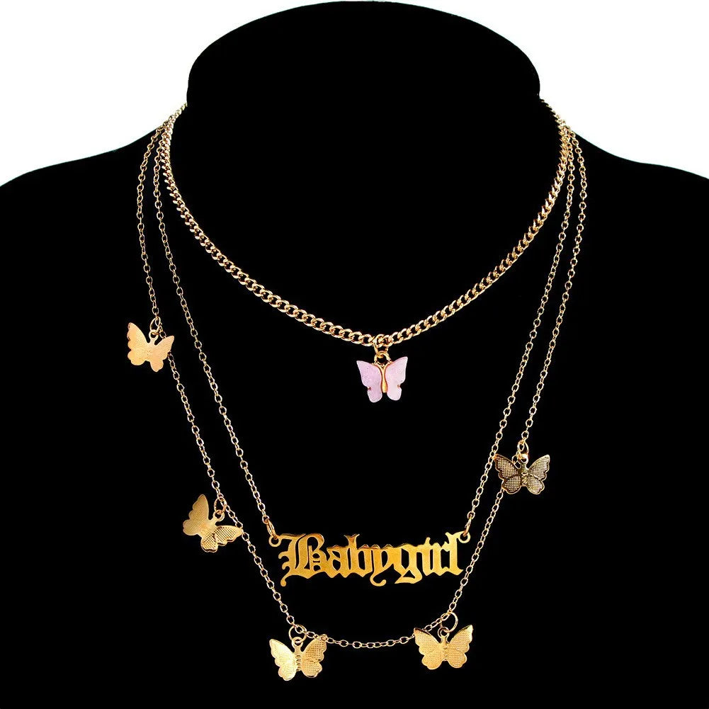 Wholesale Retro Gold Plated Necklaces Three Floors Butterfly Necklace Clavicle Chain Letter Multilayer Necklace for Women