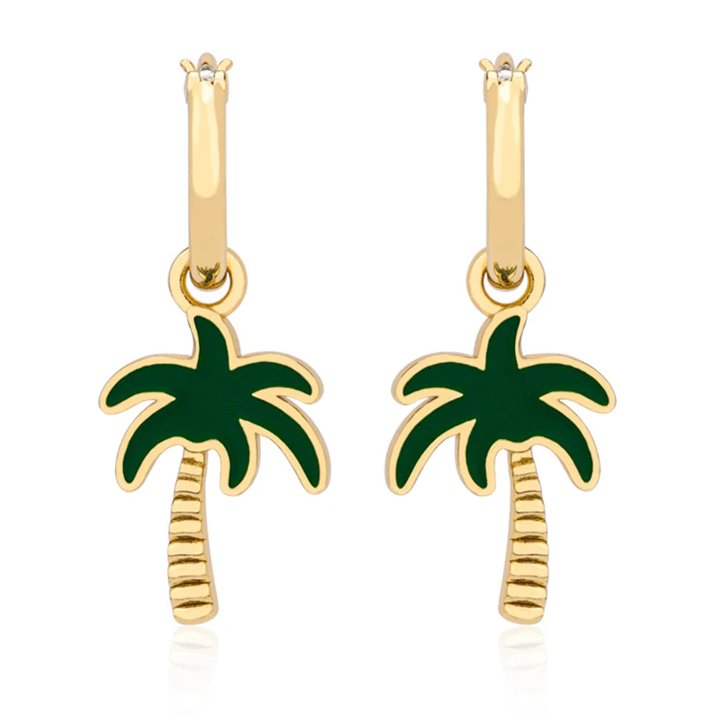 Joacii Jewelry 925 Sterling Silver 18K Gold Plated Trees Earrings Green Epoxy Palm Tree Hoop Earring
