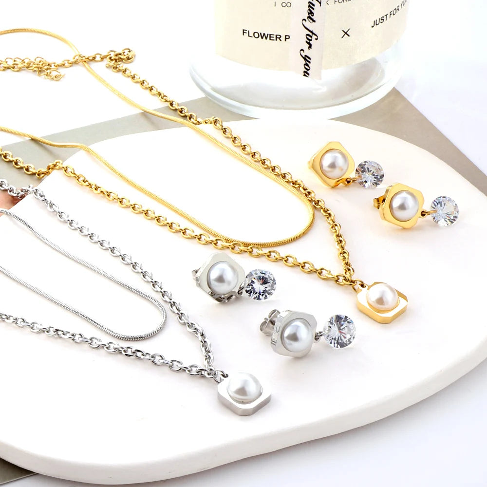 Customized 3pcs Set Fashionable Bridesmaid Wedding Jewelry Sets Stainless Steel Zircon Pearl Earrings Necklace Ring Jewelry Set