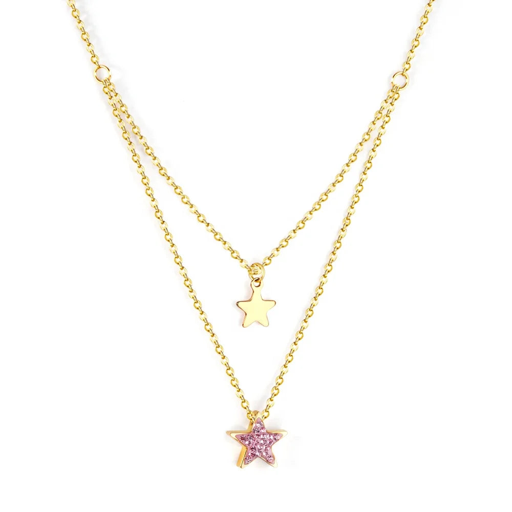 Stainless Steel Jewelry Waterproof 18k Gold Plated Multilayer Necklace Pink Diamond Double Star Pendant Women's Necklace