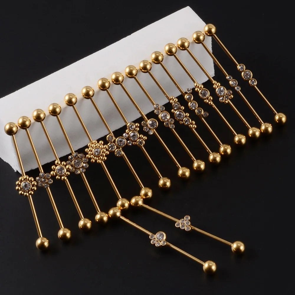 SHUIMEI EB211227G Romantic Fashion Women Clear Crystal Gold Industrial Barbell Long Bridge Earring Transversal Steel Rhinestone