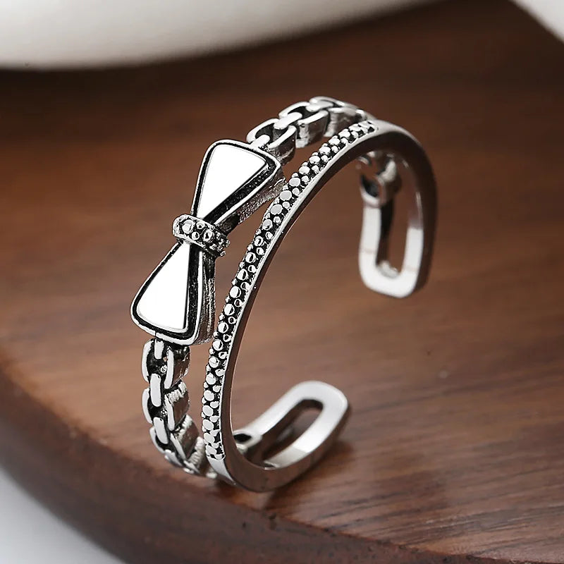 Vintage Style Women Double Layers Bow Ring retro 925 silver plated Ring for Women adjustable opening Finger Ring for Women