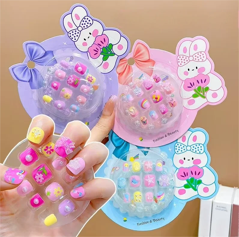 12Pcs/set Kids Fake Nails Art Decor Children Detachable Oval Wearable Full Cover Self Adhesive Press on Nail Tips with Bracelet