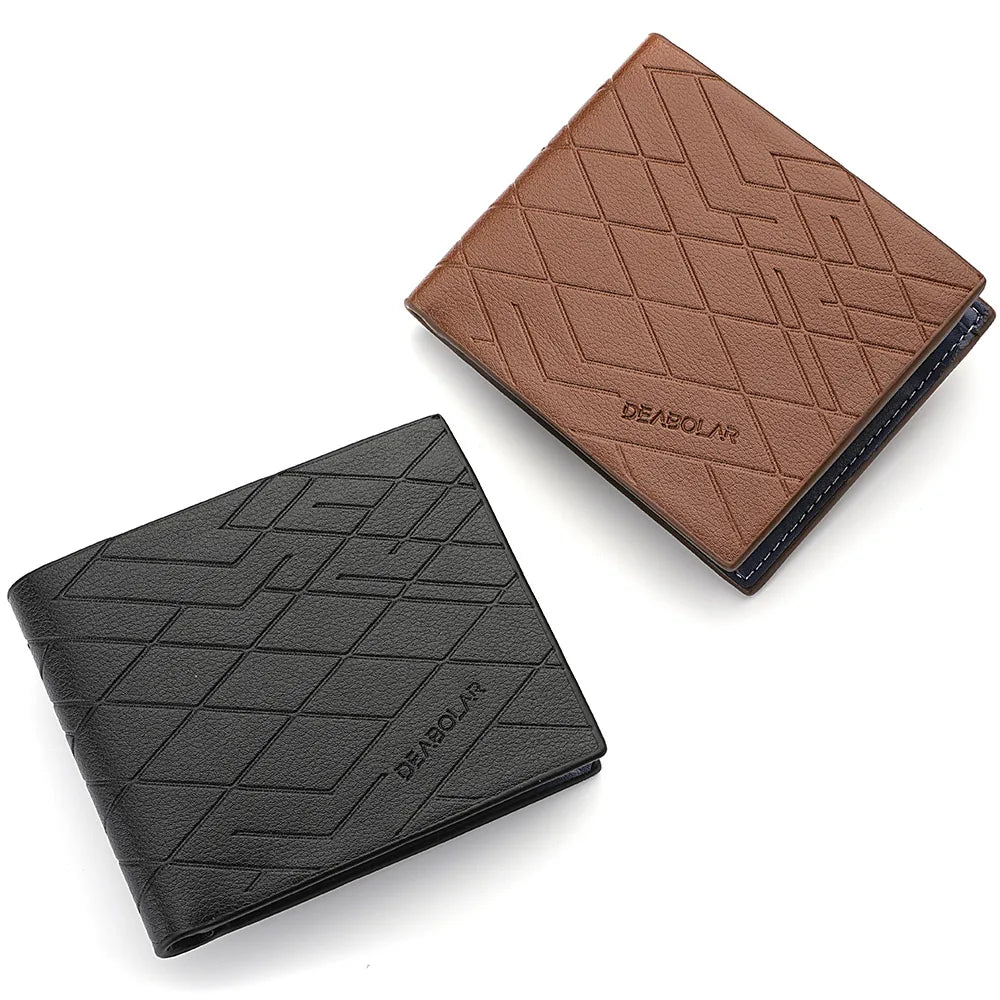 New Men's Short Youth Embossed Geometric Design Folding PU Leather Wallet