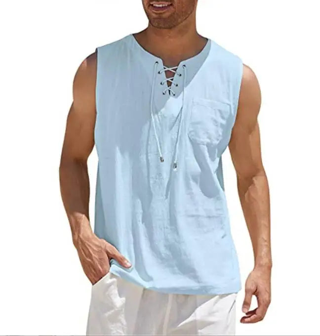 Summer Hot Selling New Men's Cotton and Linen Shirt Solid Color Fashionable Sleeveless Lace up Casual Shirt