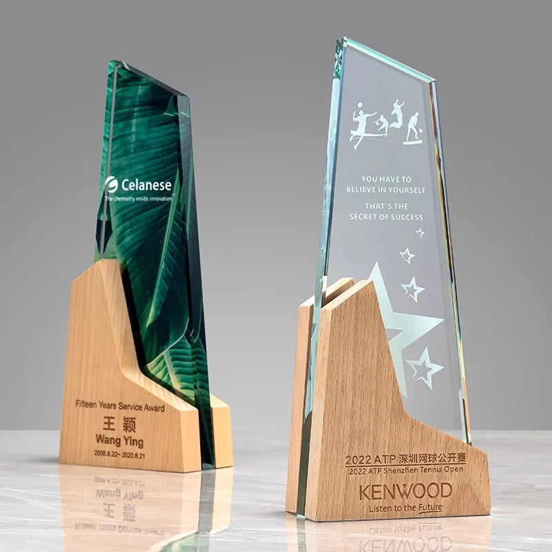 Personalized Printing Optical Crystal Glass Wooden Trophy MH-NJ0276