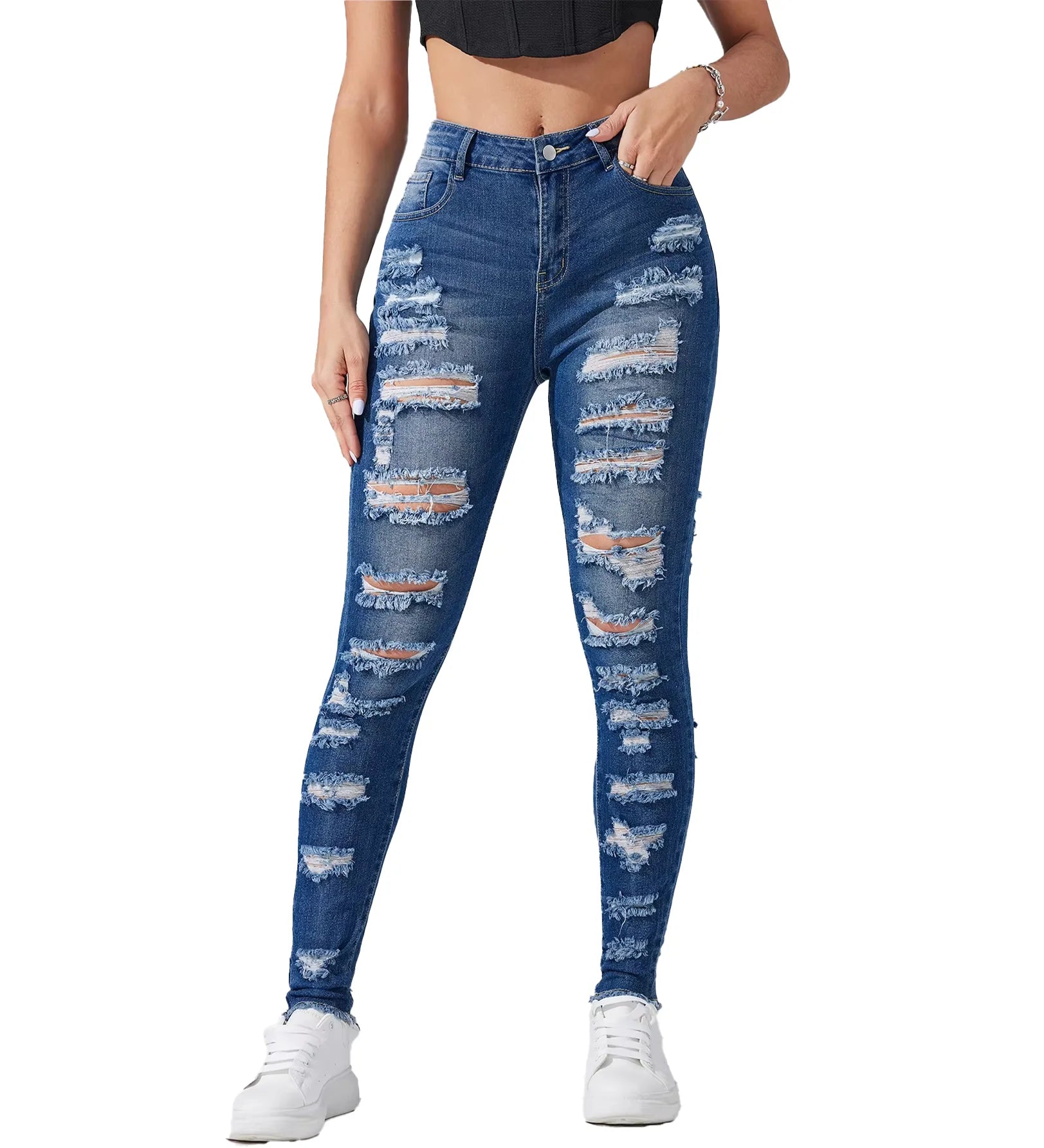Wholesale Fashion Dark Blue High Stretchy Ripped Legging Women Denim Jeans Full Length Slim Fit Skinny Pencil Ladies Denim Pants