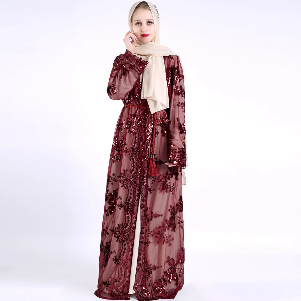 Traditional Turkish Dubai Abaya Muslim Woman Plus Size Long Sleeve 2 Pieces Abaya Maxi Dress for Muslim Women