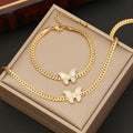 Lady's Vintage 18K Gold Plated Stainless Steel Jewelry Set Waterproof Butterfly Necklace Bracelet Earring Combo Gift Party