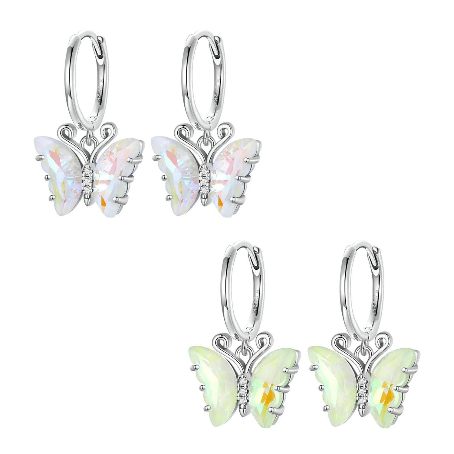 925 Sterling Silver Rainbow Crystal Butterfly Drop Earrings Colorful Dangle Clips Gift for Women Insect Artisan Jewelry SCE1588