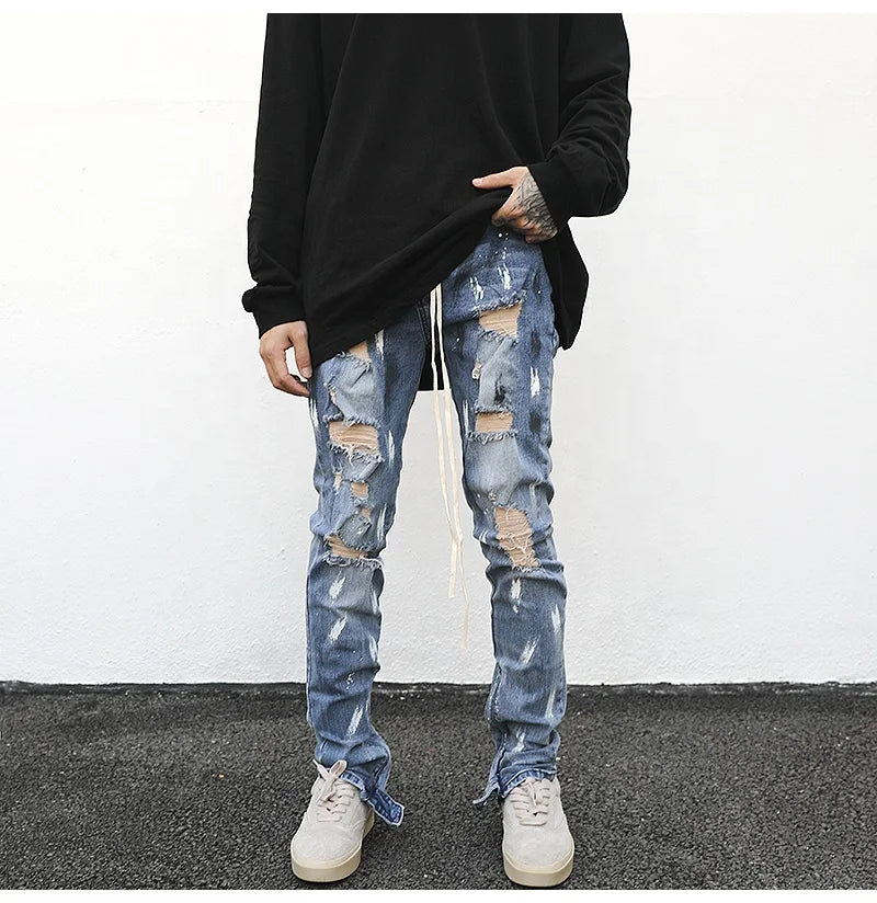 OEM FOG Private Blue Brand Drop Shipping Stock Men Jeans Trousers Denim Paint Denim Jeans Wears