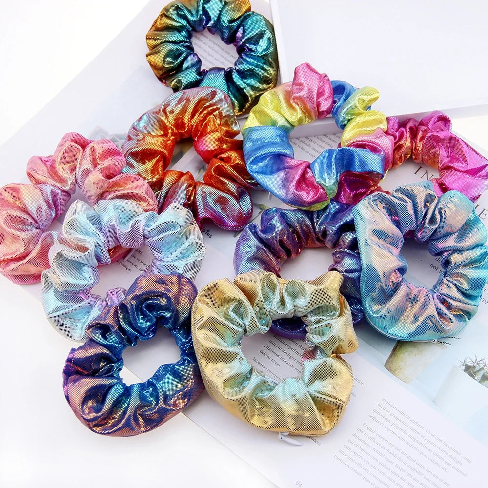 Girls Mermaid Gradient Shiny rainbow Hair Ties Organizer Laser Metallic Fabric Hidden Pocket Zipper Scrunchie With Zip Pocket