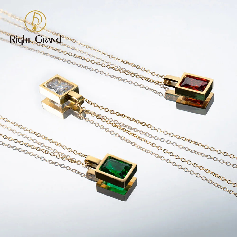 Exquisite Gold Plated Stainless Steel Square Zircon Pendant Necklace Stainless Steel Color CZ Zircon Rectangle Necklace