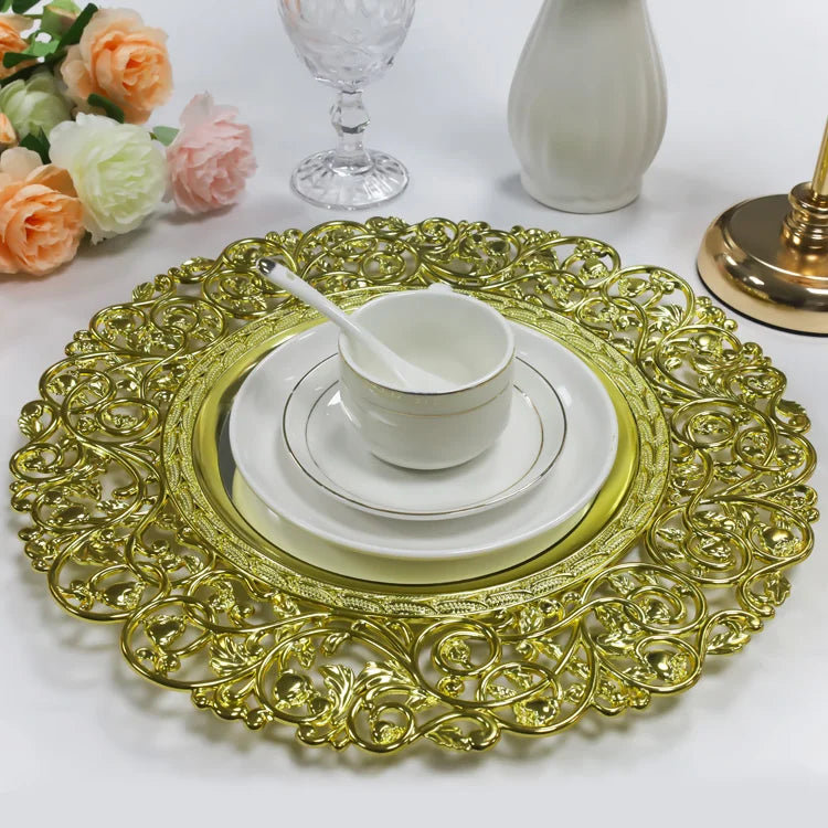 Bulk Cheap Party Supplies Round Gold 37cm Non Disposable Plastic Decoration Charger Dinner Plates