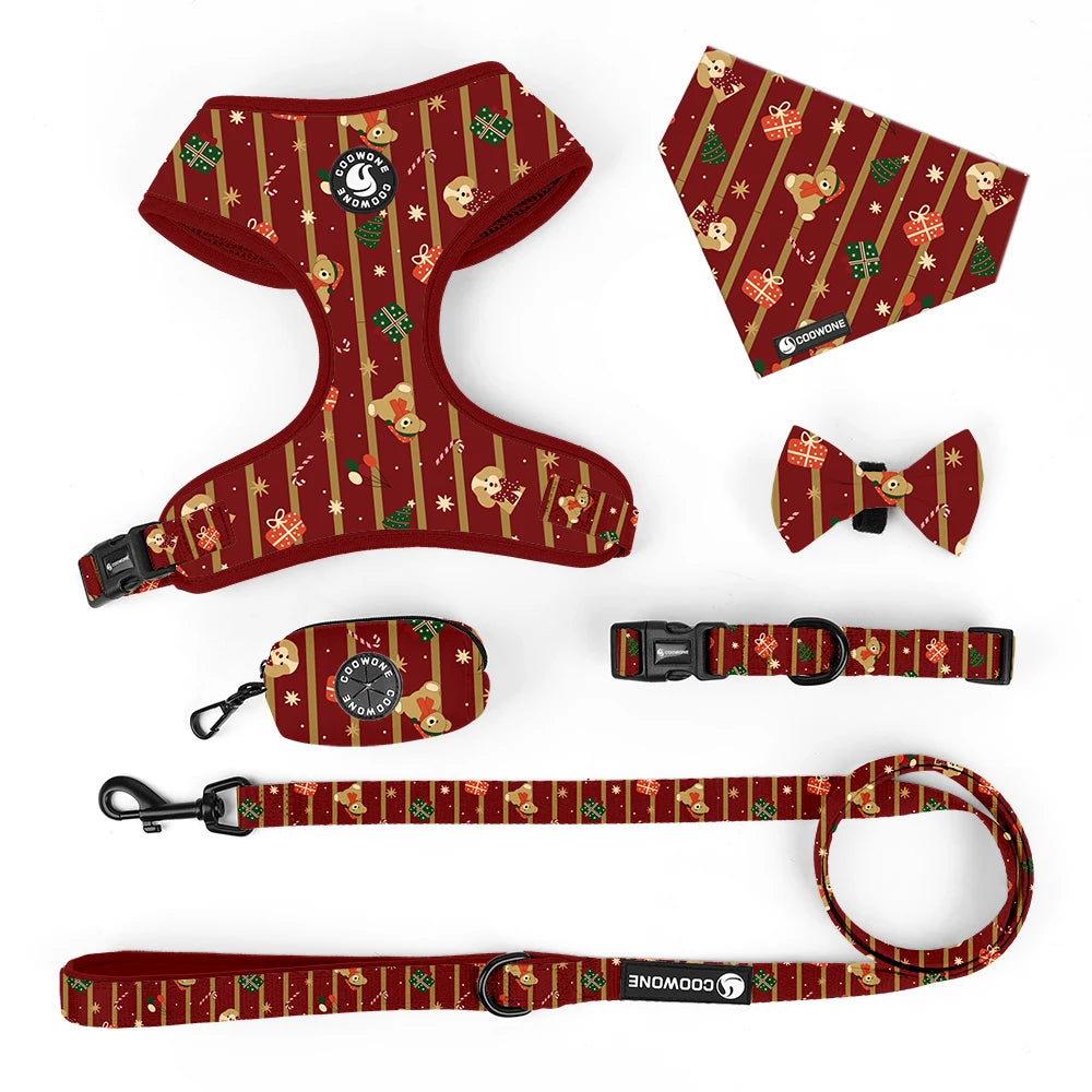 Ready to Ship Christmas Patterned Dog Harness No Pull Neoprene Padded Dog Leash Custom Bowtie Dog Collar Manufacturer