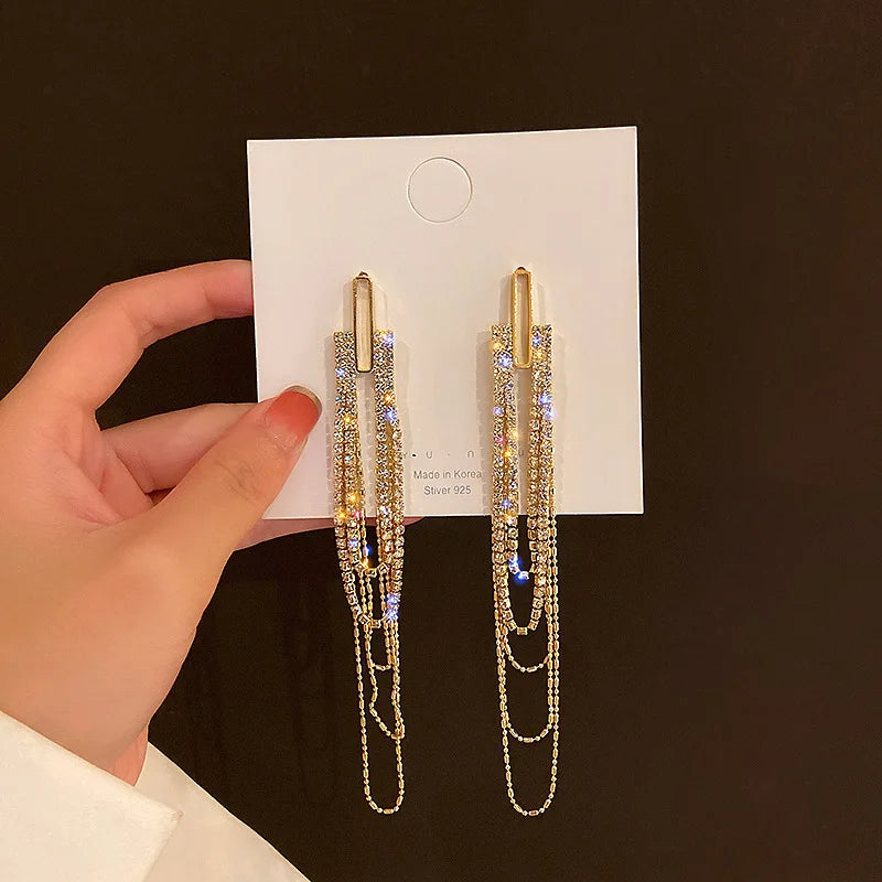 Trendy Long Tassel Crystal Drop Earrings for Women Geometric Full Diamond Rhinestone Earrings Statement Jewelry Gifts