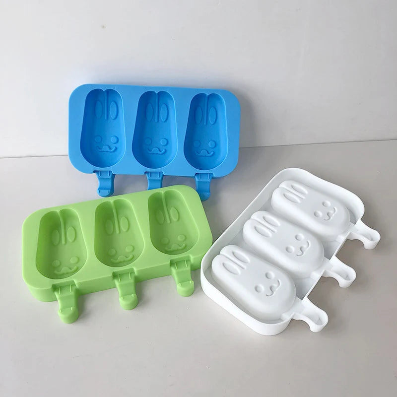 Early Riser DIY Three Cavity Cartoon Bunny Ice Cream Moulds Reusable Silicone Mold for Making Ice Cream Cake Dessert Cake Tool