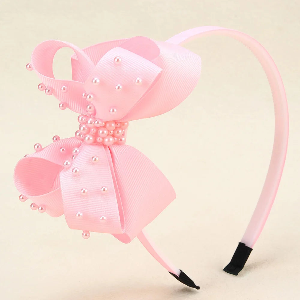 CN Boutique Grosgrain Ribbon Polyurethane Sweet Pink Pearl Bowknot Headband for Kids Girls 5.9Inch