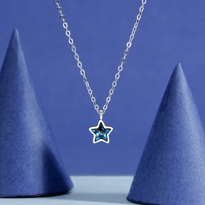 925 Sterling Silver Star Pendant Choker Necklace Female Blue Crystal Gemstone Necklace Sweet Fashion Necklaces for Women Jewelry