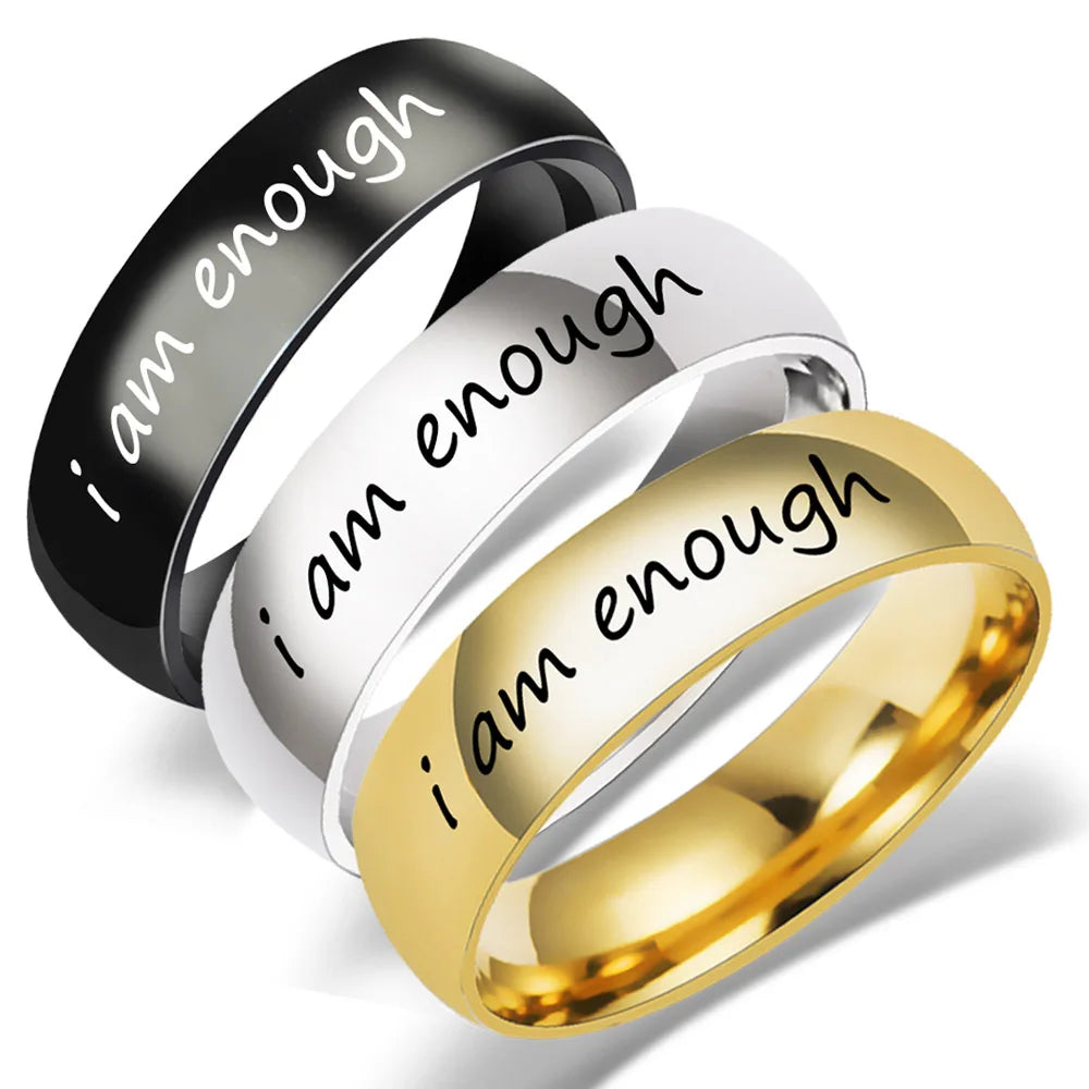 Stainless Steel Ring 6mm "I Am Enough" Classic Engraved Rings Spiral Titanium Steel Finger Ring for Couple Men Women